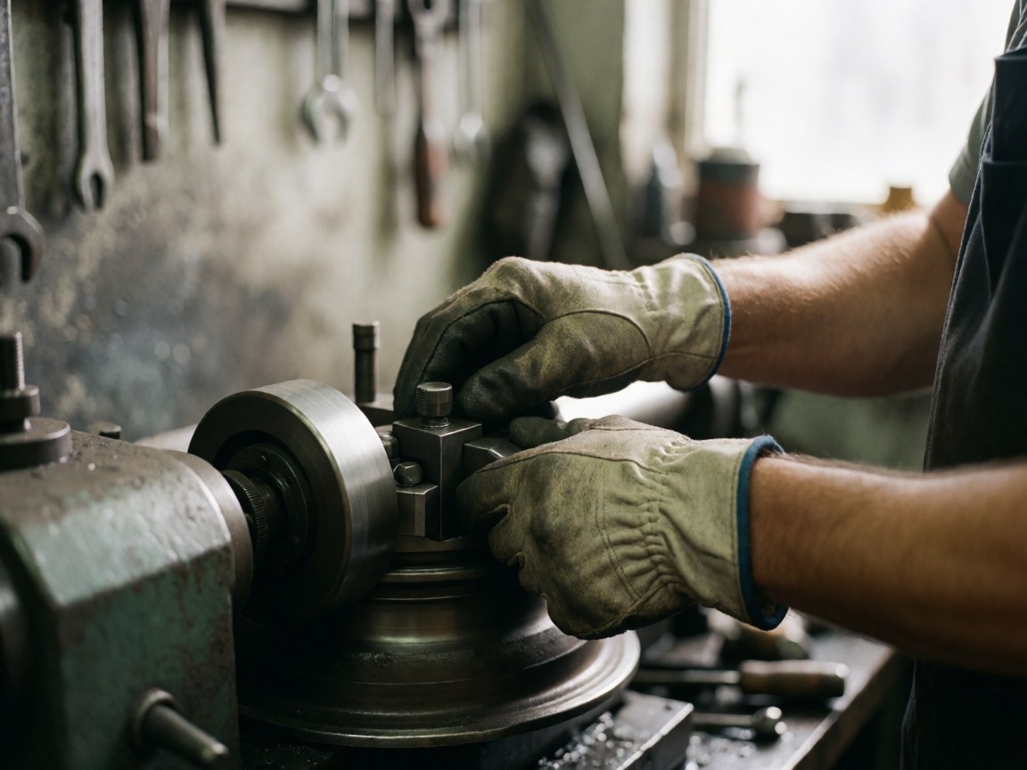 Close-up of gloved hands using a tool on a wheel repair machine in a workshop with tools hanging on the wall