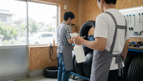 Two mechanics working in a tire shop, one holding a spray bottle and the other handling a tire, with wooden walls and tools visible in the background