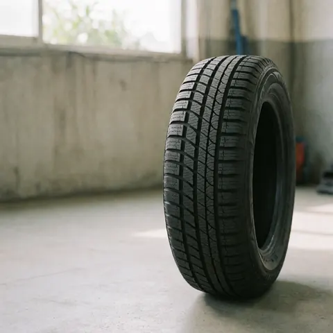 New winter tire with deep tread pattern on concrete floor in workshop with natural light from window and blurred background