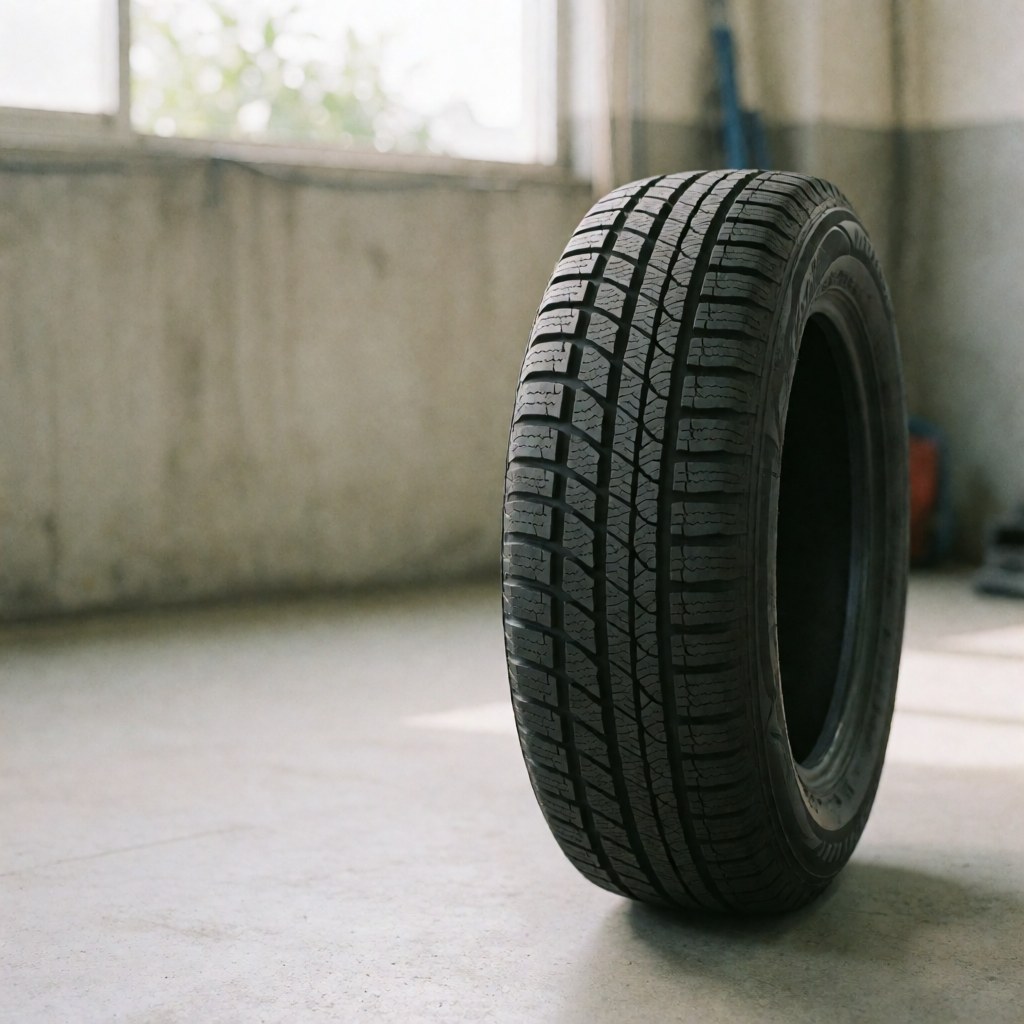 New winter tire with deep tread pattern on concrete floor in workshop with natural light from window and blurred background
