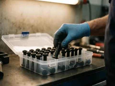 Close-up of a gloved hand picking a black tire valve from a clear organizer box in a tire repair shop