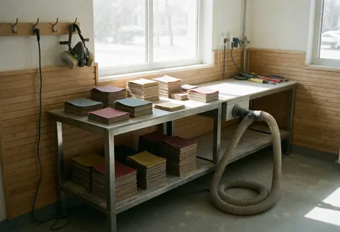 Professional sanding station equipped with sandpaper, a dust extraction system, and a protective mask hanging on the wall.