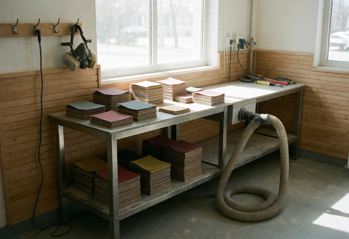 Professional sanding station equipped with sandpaper, a dust extraction system, and a protective mask hanging on the wall.