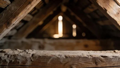 Close-up of dusty aged wooden roof beams with warm sunlight streaming through an opening, providing a textured background for text.