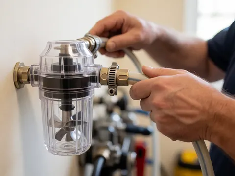 Close-up of hands connecting hoses to a transparent pool filter with visible impeller, blurred tools and white wall background
