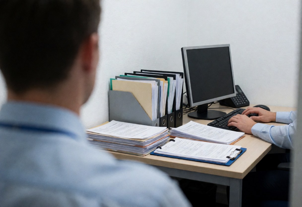 Person working on a computer in an office with organized documents and folders on a light wooden desk.