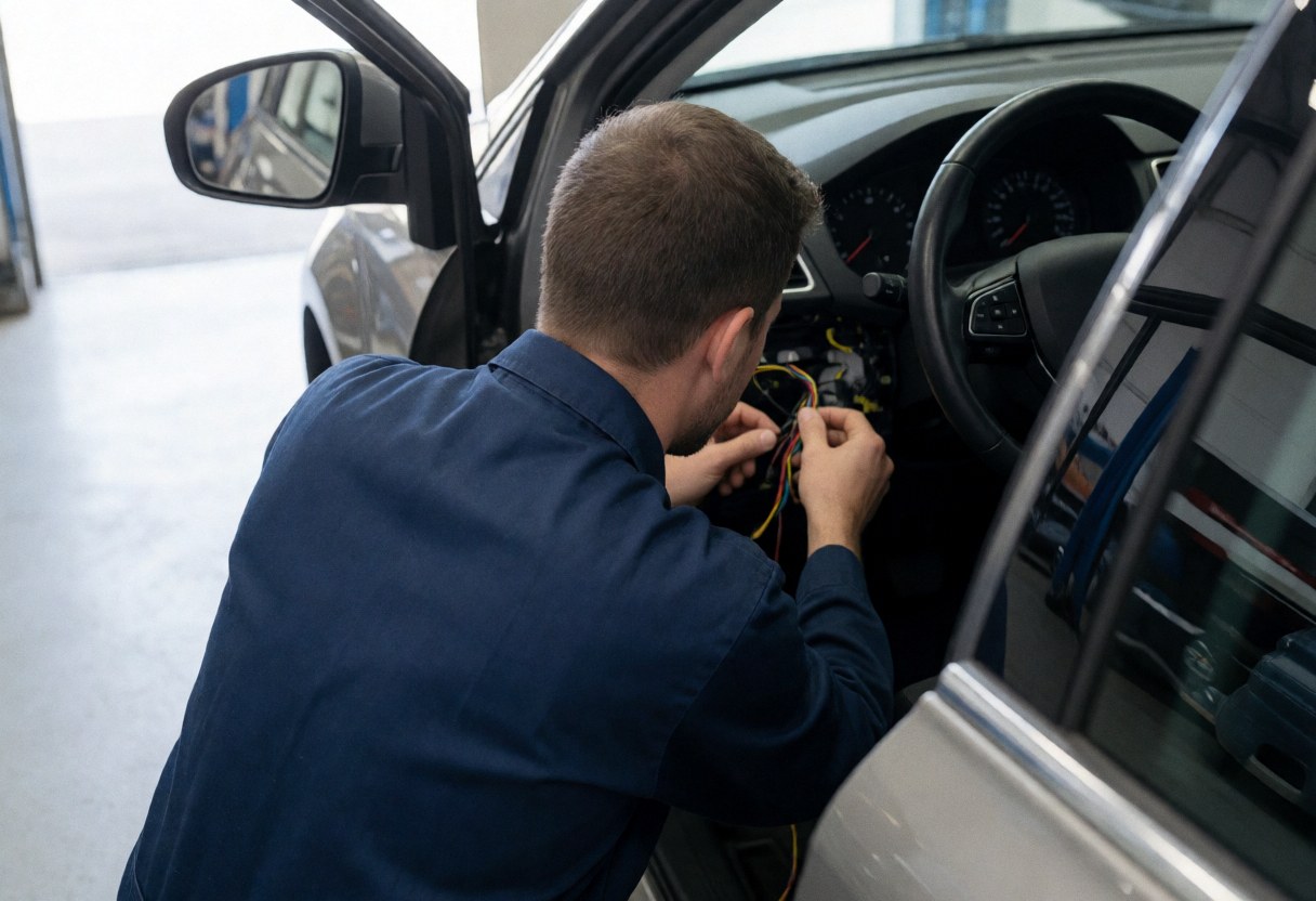Technician repairing dashboard wiring in a workshop, viewed from behind with tools and natural light