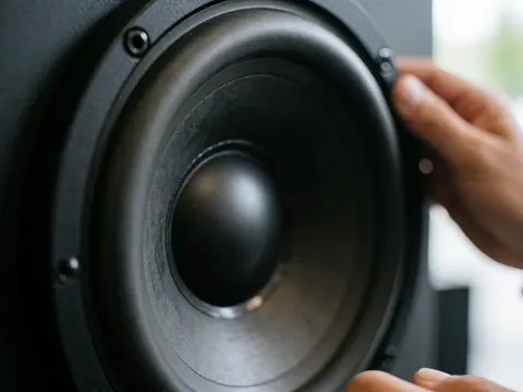 Close-up of hands adjusting the cone of a black subwoofer, showing material details and edge texture under natural light for auto accessory stores
