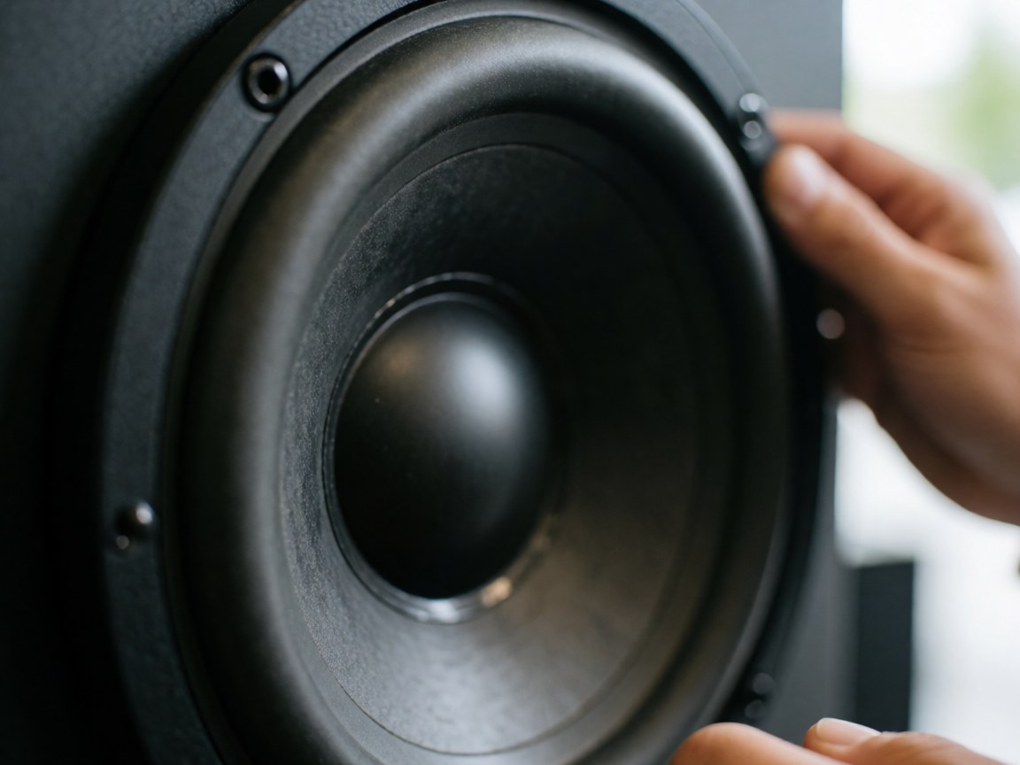 Close-up of hands adjusting the cone of a black subwoofer, showing material details and edge texture under natural light for auto accessory stores