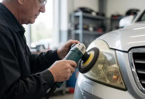 Technician wearing safety glasses using an electric polisher on a yellow car headlight in an auto repair shop with natural light and blurred shelves in the background