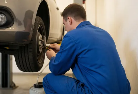 Mechanic in blue uniform working on car brake system in repair shop with visible tube and container
