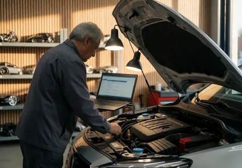 Technician uses a laptop to diagnose a car engine in a workshop with shelves of parts in the background