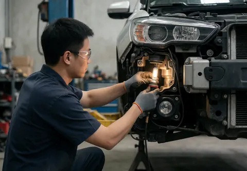 Technician installing an LED bulb in a car headlight at a workshop