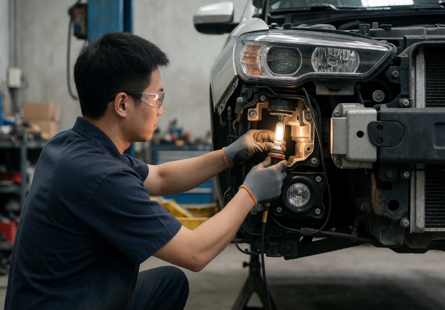 Technician installing an LED bulb in a car headlight at a workshop