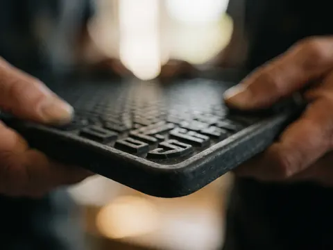 Macro view of a black rubber car floor mat showing raised edges and textured pattern held by hands with a warm blurred background
