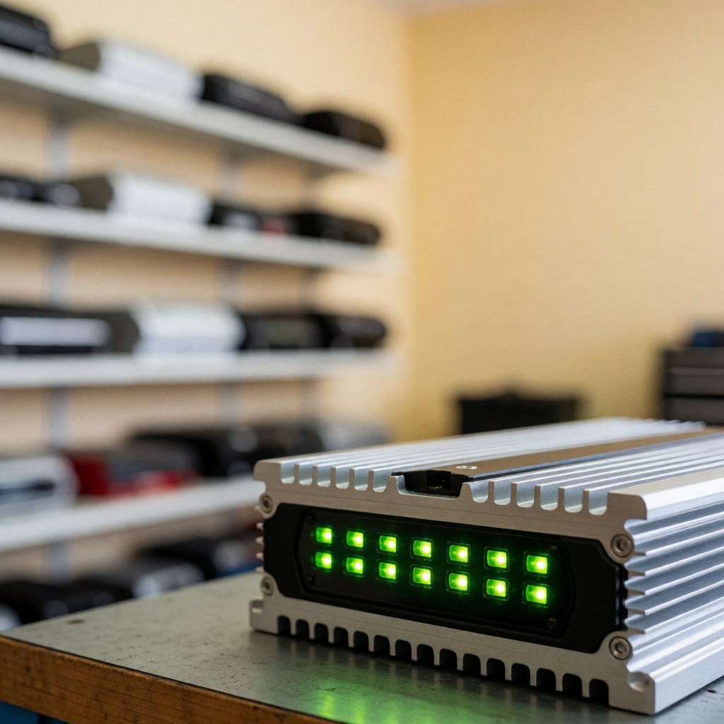 Close-up of a car audio amplifier with illuminated green LEDs resting on a workbench, with shelves of electronic components in the background