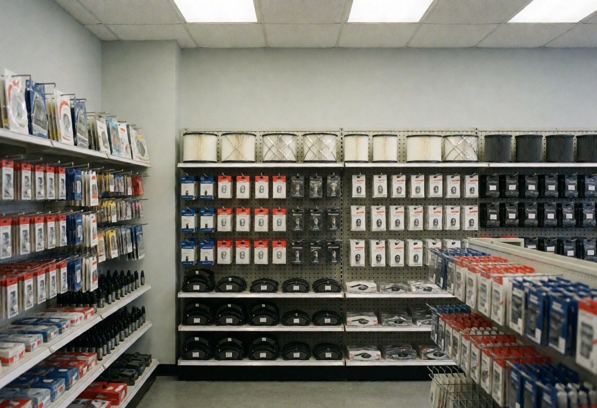 Metal shelving units filled with car filters, brake pads, and light bulbs in an organized auto parts store with gray walls and fluorescent lighting