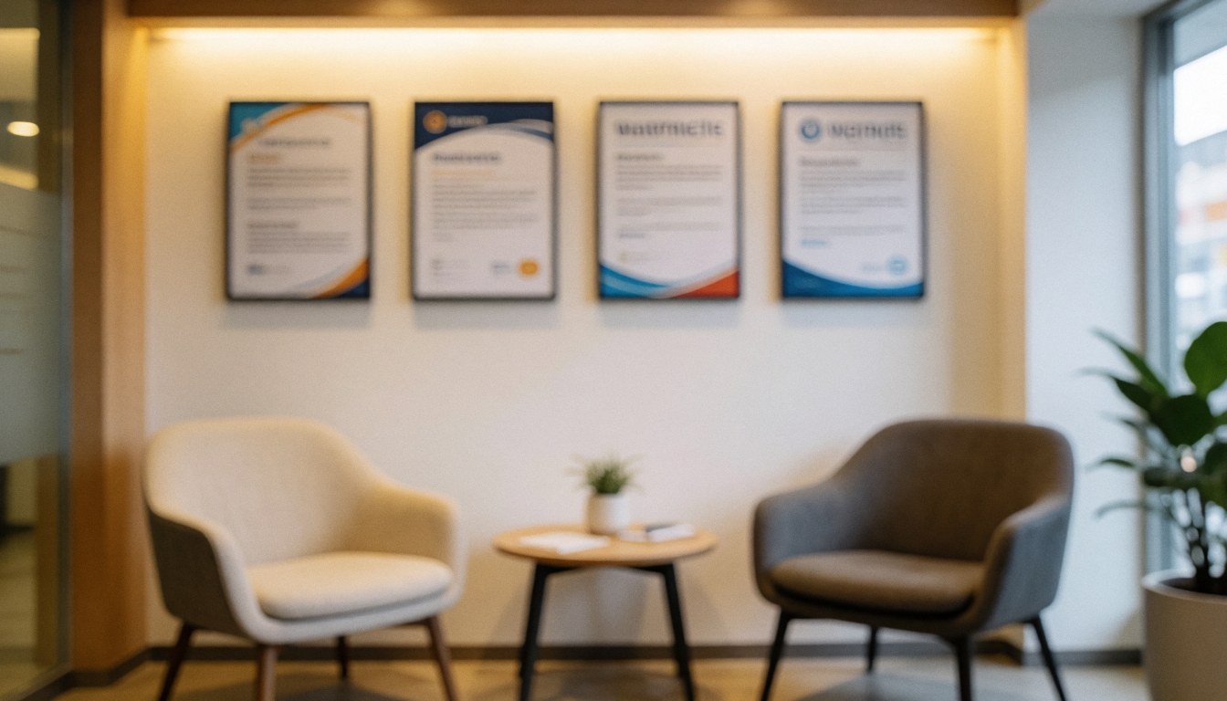 Two modern chairs and a small table in a warm waiting area with framed certificates on the wall, ideal for business text backgrounds.