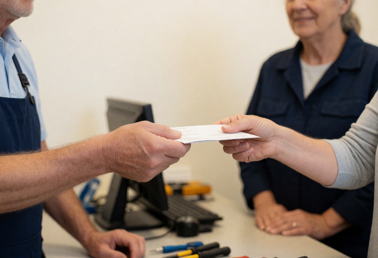 A technician hands a document to a customer at the counter of a phone repair shop with tools visible on the surface.