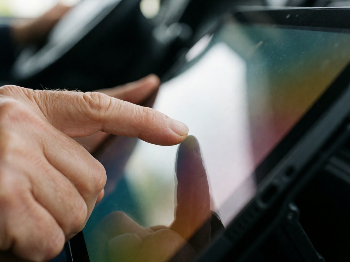 Close-up of fingers interacting with a digital control panel on a bus dashboard, featuring soft lighting and a blurred background.