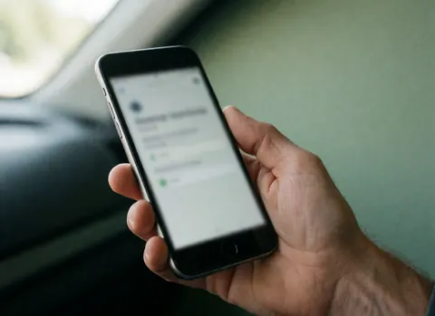 Close-up of an adult hand holding a smartphone with a blurred screen inside a vehicle with natural light and a blurred background