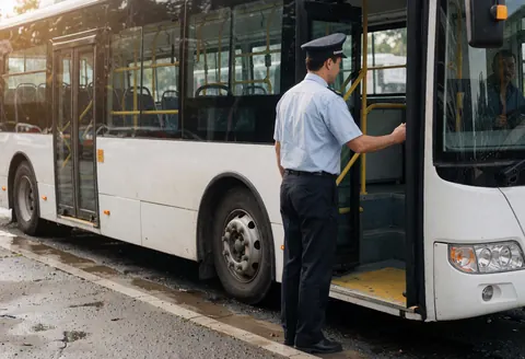 A bus driver in a light blue uniform stands by the open door of a white bus, waving to passengers on a wet pavement reflecting morning light.