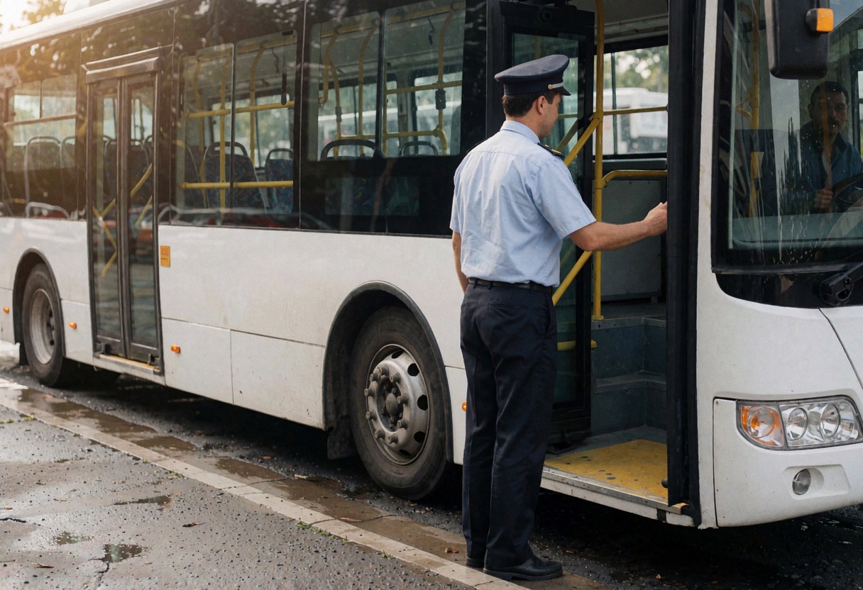 A bus driver in a light blue uniform stands by the open door of a white bus, waving to passengers on a wet pavement reflecting morning light.