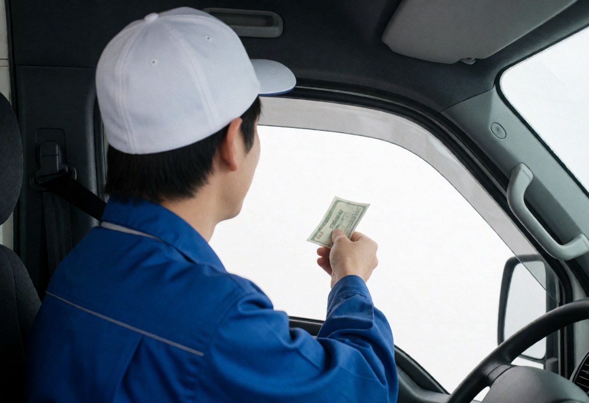A minibus driver in a blue uniform and white cap accepts payment through the service window in a clean, professional public transport setting.