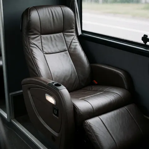Reclining brown leather public transport seat featuring an integrated reading light and USB charging port, illuminated by natural light with a blurred background.
