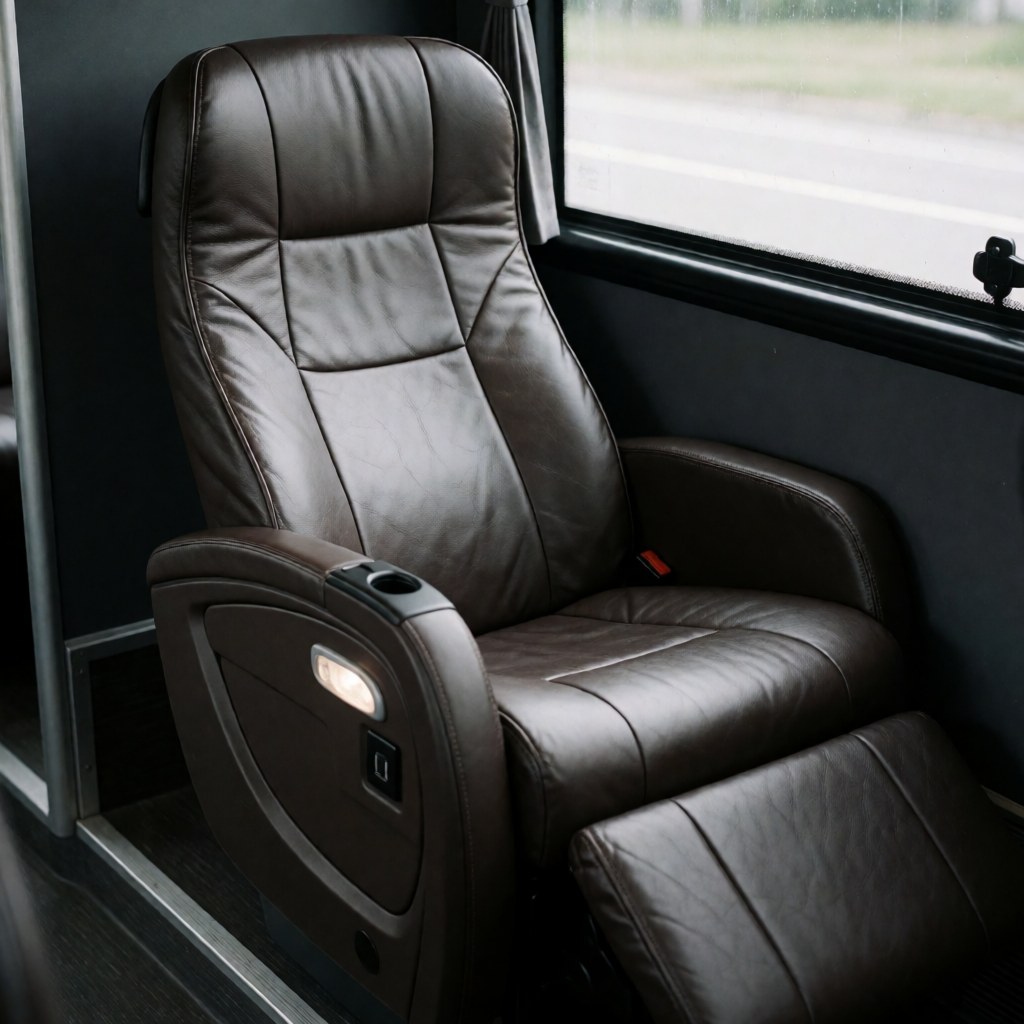 Reclining brown leather public transport seat featuring an integrated reading light and USB charging port, illuminated by natural light with a blurred background.