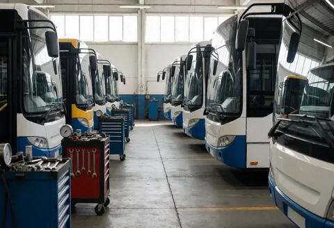 Maintenance tools arranged in a row with parked buses visible in the background under natural light