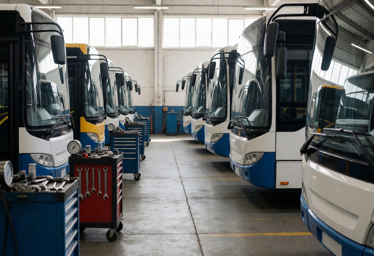 Maintenance tools arranged in a row with parked buses visible in the background under natural light
