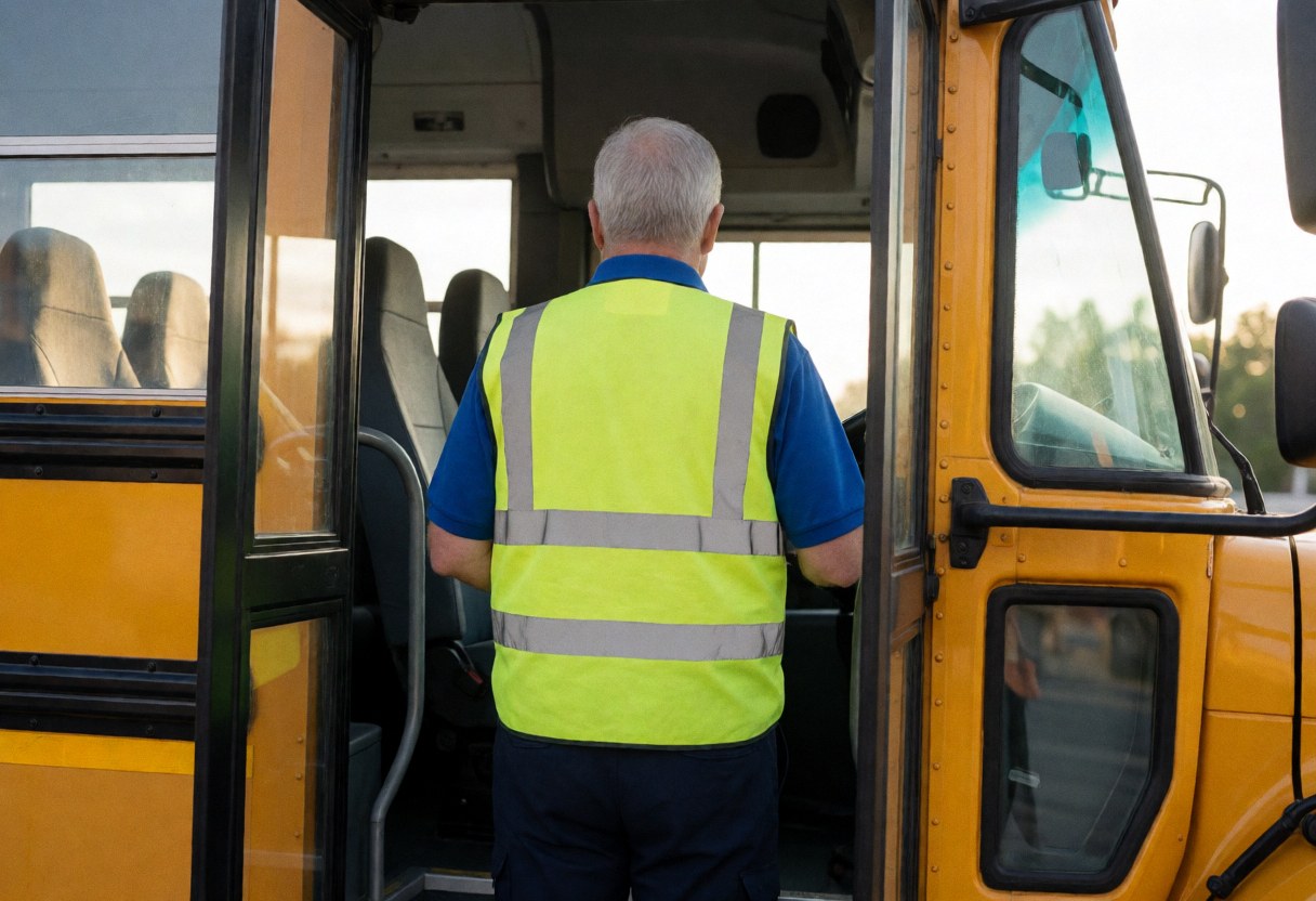 Back view of a school bus driver wearing a reflective vest, standing at the open door of a clean, empty bus ready for morning service.