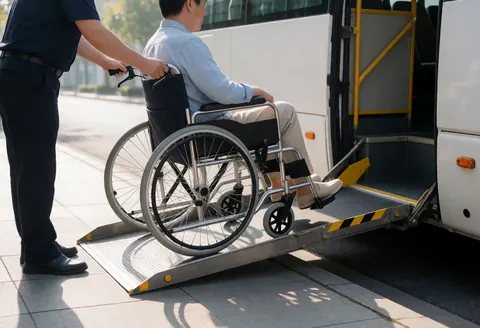 A uniformed bus driver pushes a wheelchair up a metal hydraulic ramp from a white bus on a street with morning light and long shadows.
