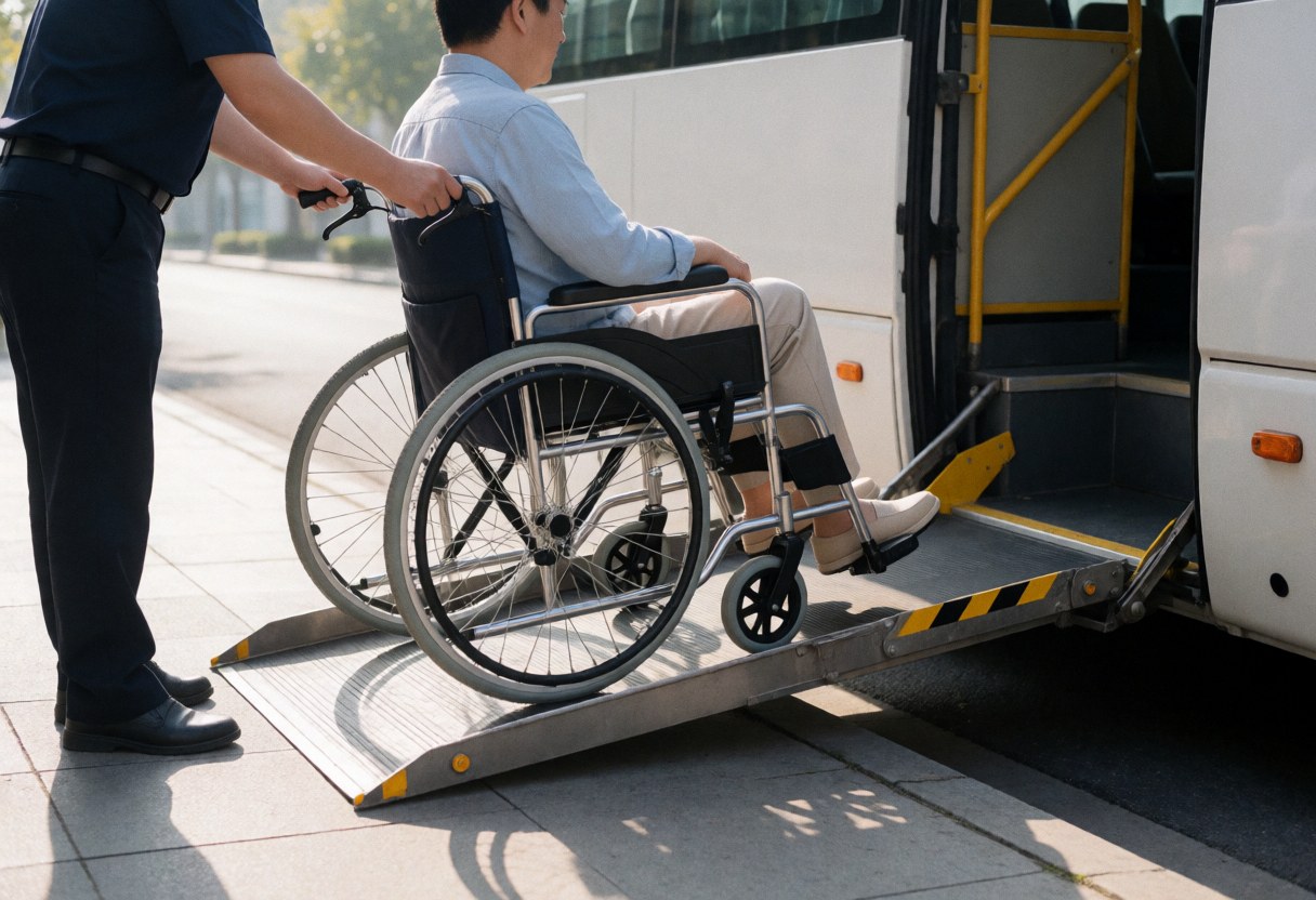 A uniformed bus driver pushes a wheelchair up a metal hydraulic ramp from a white bus on a street with morning light and long shadows.