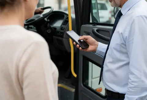 A bus driver in a shirt and tie uses a cell phone to coordinate service while a passenger stands near the bus door.