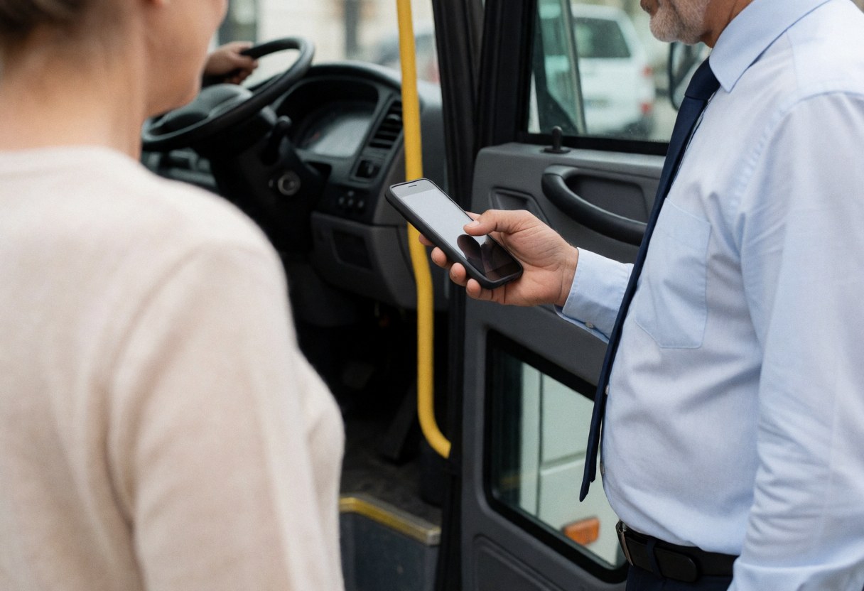 A bus driver in a shirt and tie uses a cell phone to coordinate service while a passenger stands near the bus door.
