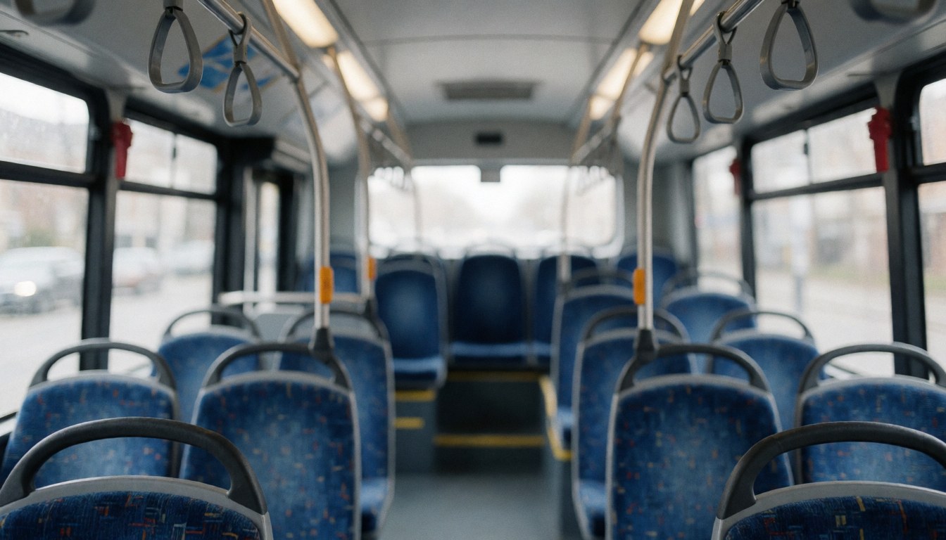 Empty public bus interior featuring blue seats and metal handrails with a blurred background suitable for text or graphic design