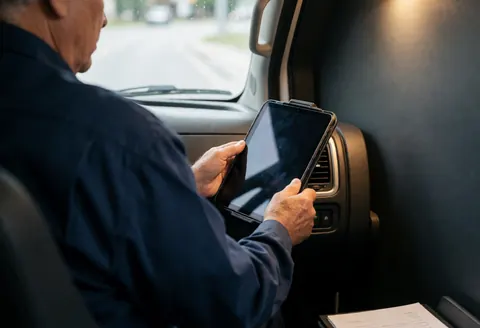 A driver in uniform reviews information on a tablet inside a public transport vehicle with warm interior lighting.
