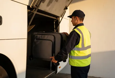 A worker in a reflective vest loads a suitcase into the luggage compartment of a white bus during golden hour.