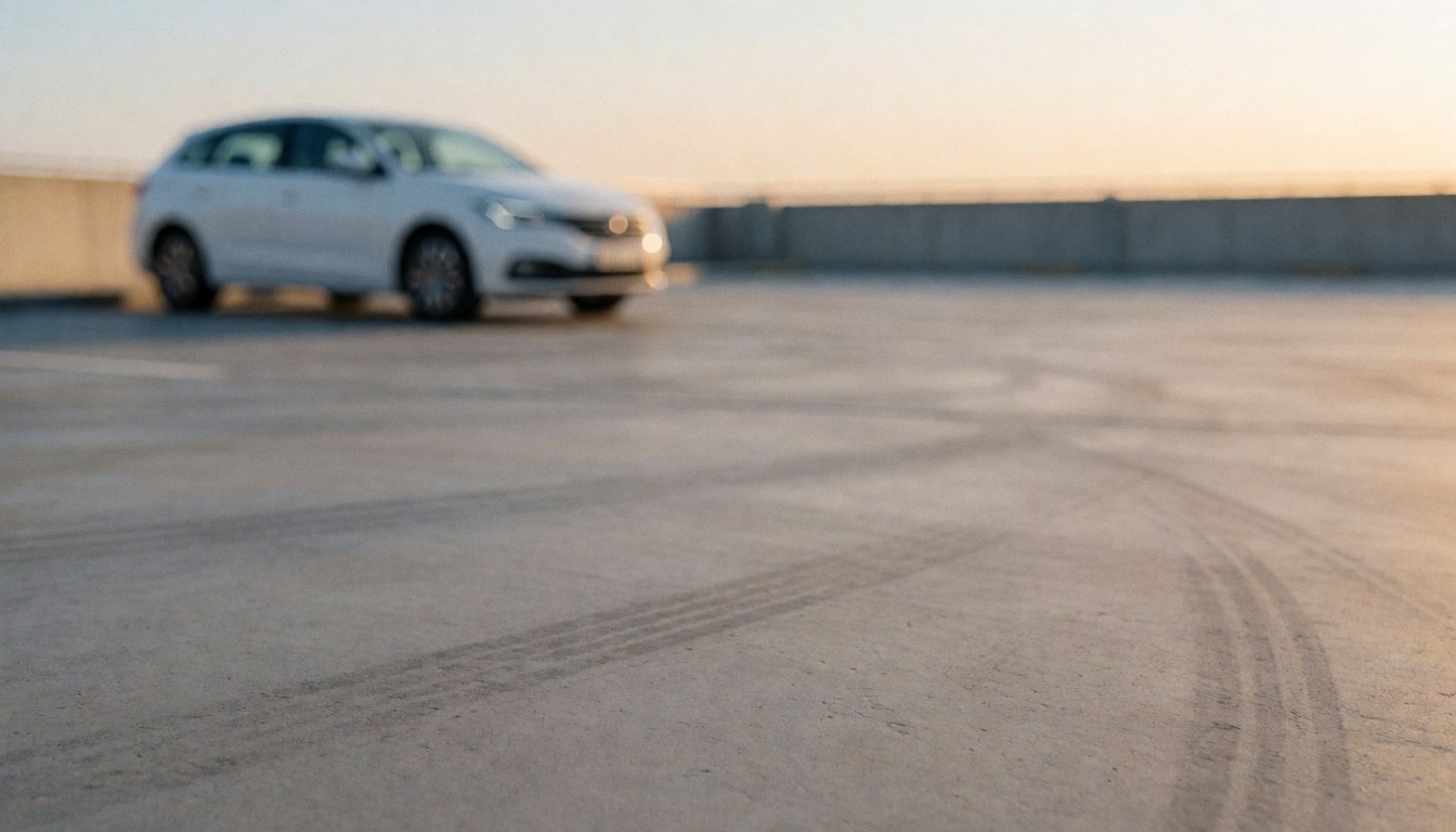 Blurred white car in background with warm sunset light and tire marks on concrete pavement