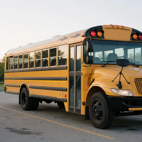 Empty yellow school bus parked in a lot with visible red lights, wheels, and mirrors under soft afternoon light