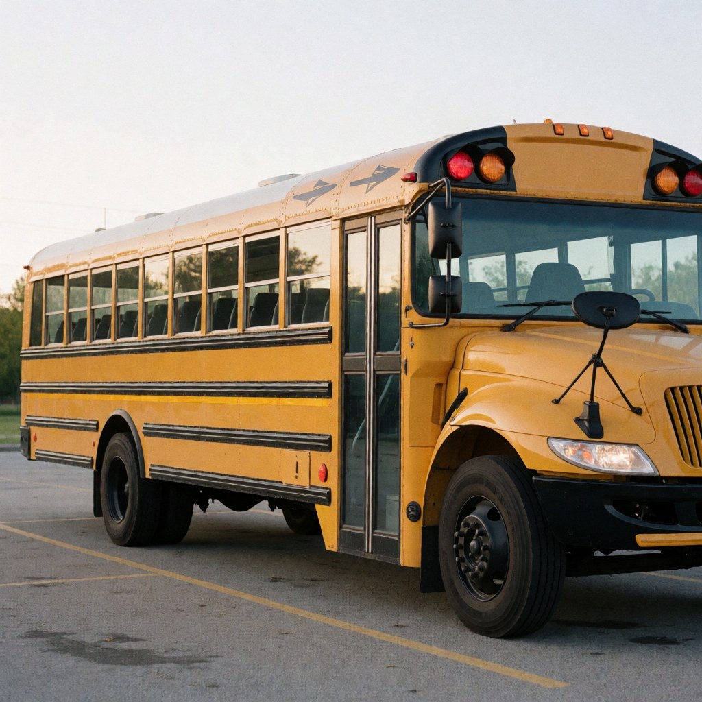 Empty yellow school bus parked in a lot with visible red lights, wheels, and mirrors under soft afternoon light