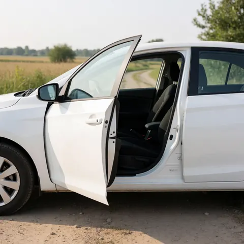 White vehicle parked on dirt path with open front door showing black seats, surrounded by fields and trees under natural light