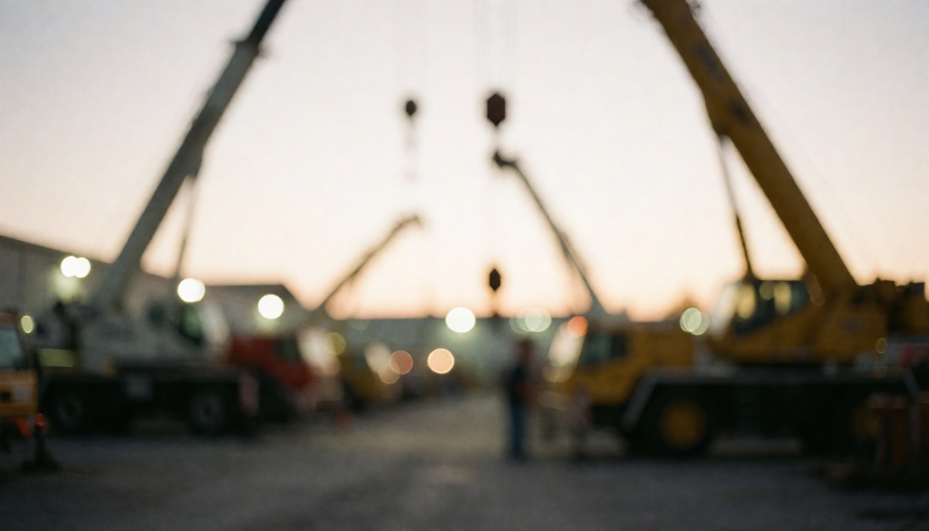 Blurred background of cranes in an industrial storage yard at sunset with warm lights and yellow and gray tones