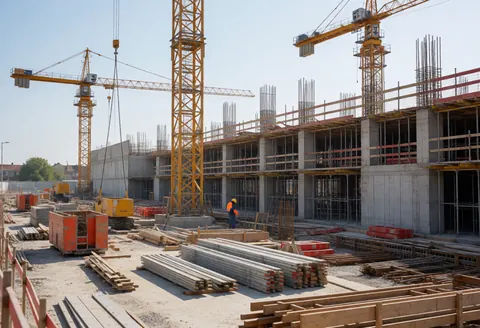 Yellow crane lifting steel beams at a construction site with scaffolding and materials. Worker wearing helmet and orange vest in daylight.