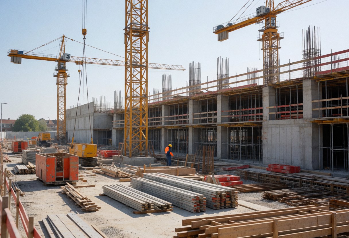 Yellow crane lifting steel beams at a construction site with scaffolding and materials. Worker wearing helmet and orange vest in daylight.