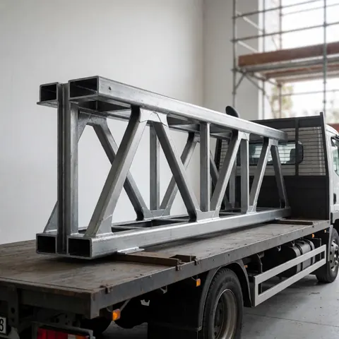 Painted metal truss ready for transport loaded on a flatbed truck inside an industrial workshop with a blurred background