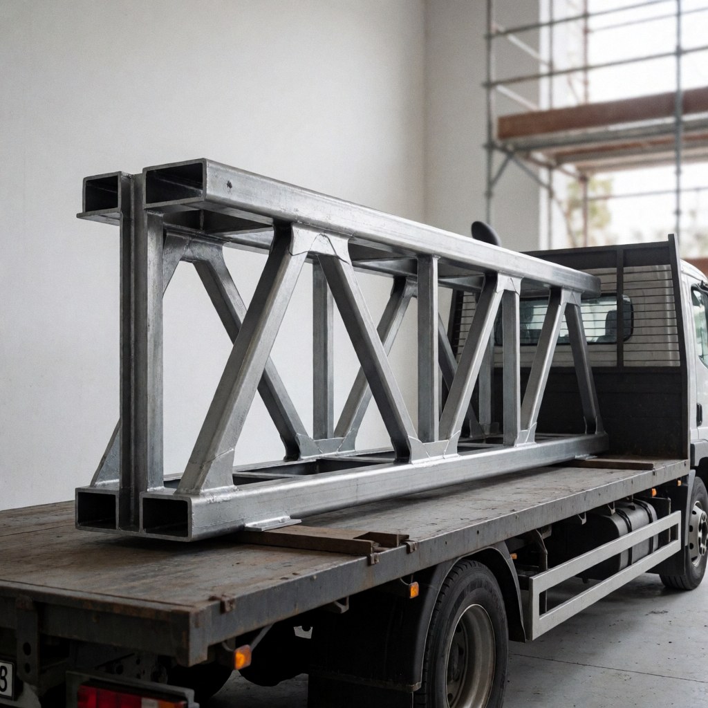 Painted metal truss ready for transport loaded on a flatbed truck inside an industrial workshop with a blurred background