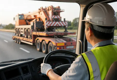 A crane truck driver wearing a hard hat and safety vest operates a tow truck on the highway during sunset.